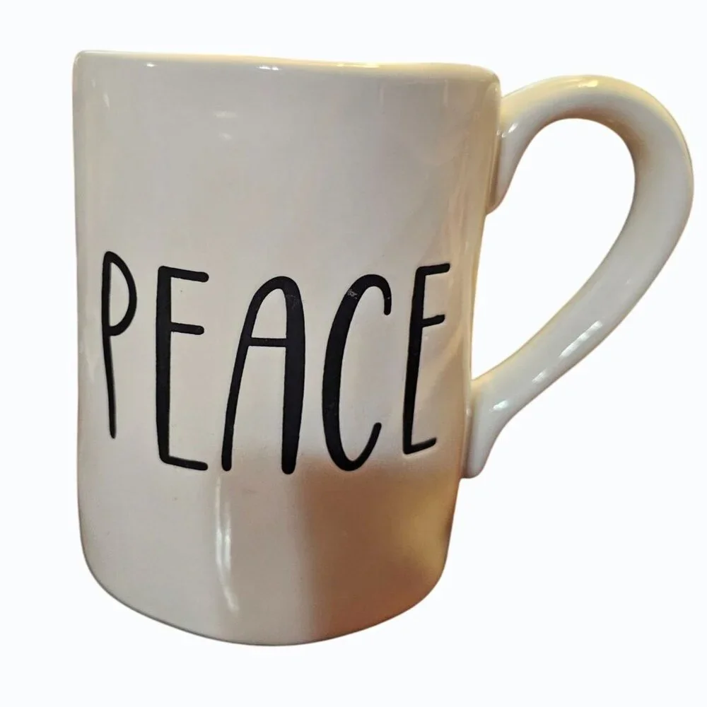 Pier 1 Imports Oversized Stoneware Coffee Tea Hot Cocoa Mug PEACE White / Black